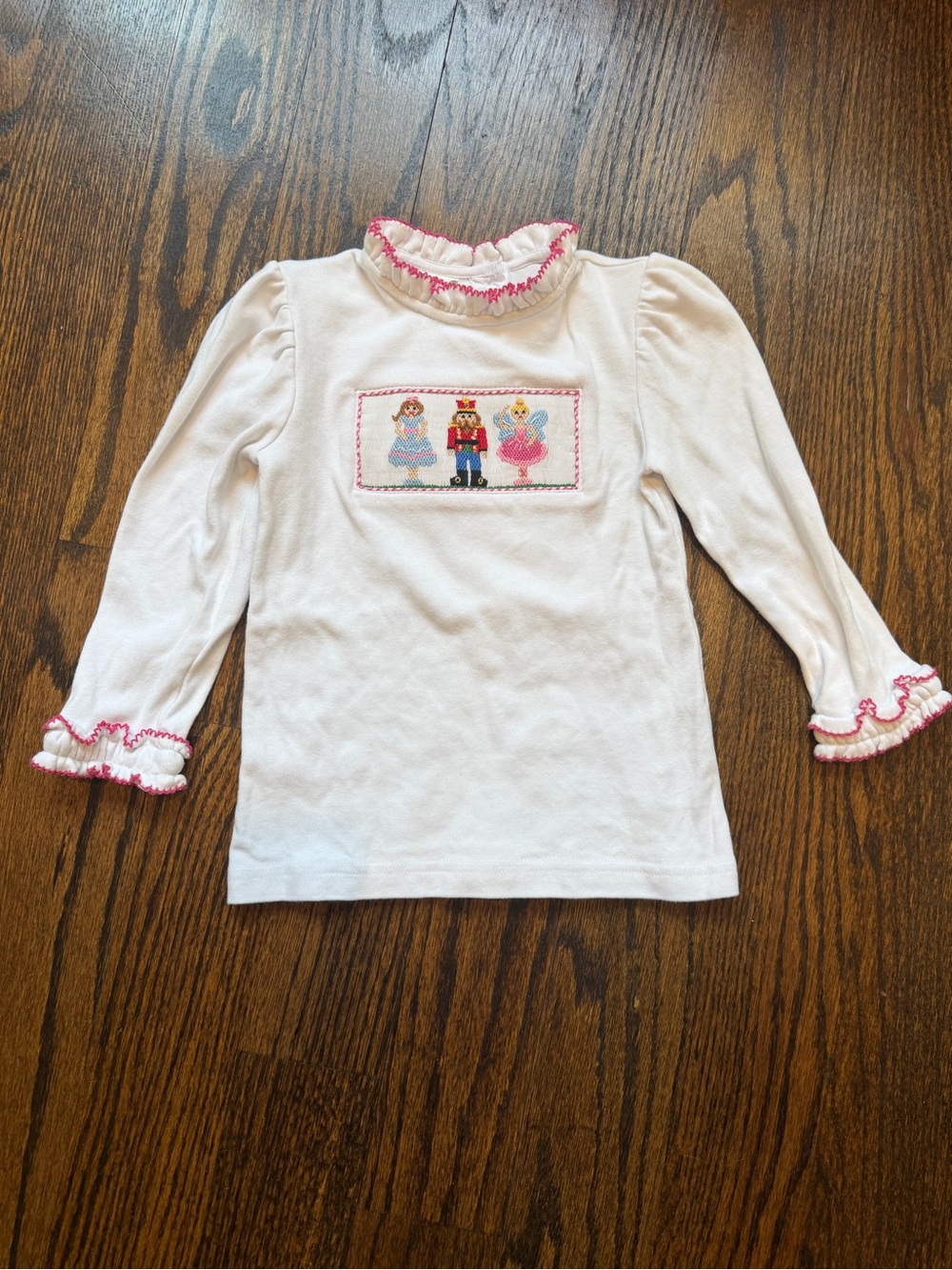 White Long-Sleeve Smocked Nutcracker Tee with Pink Trim